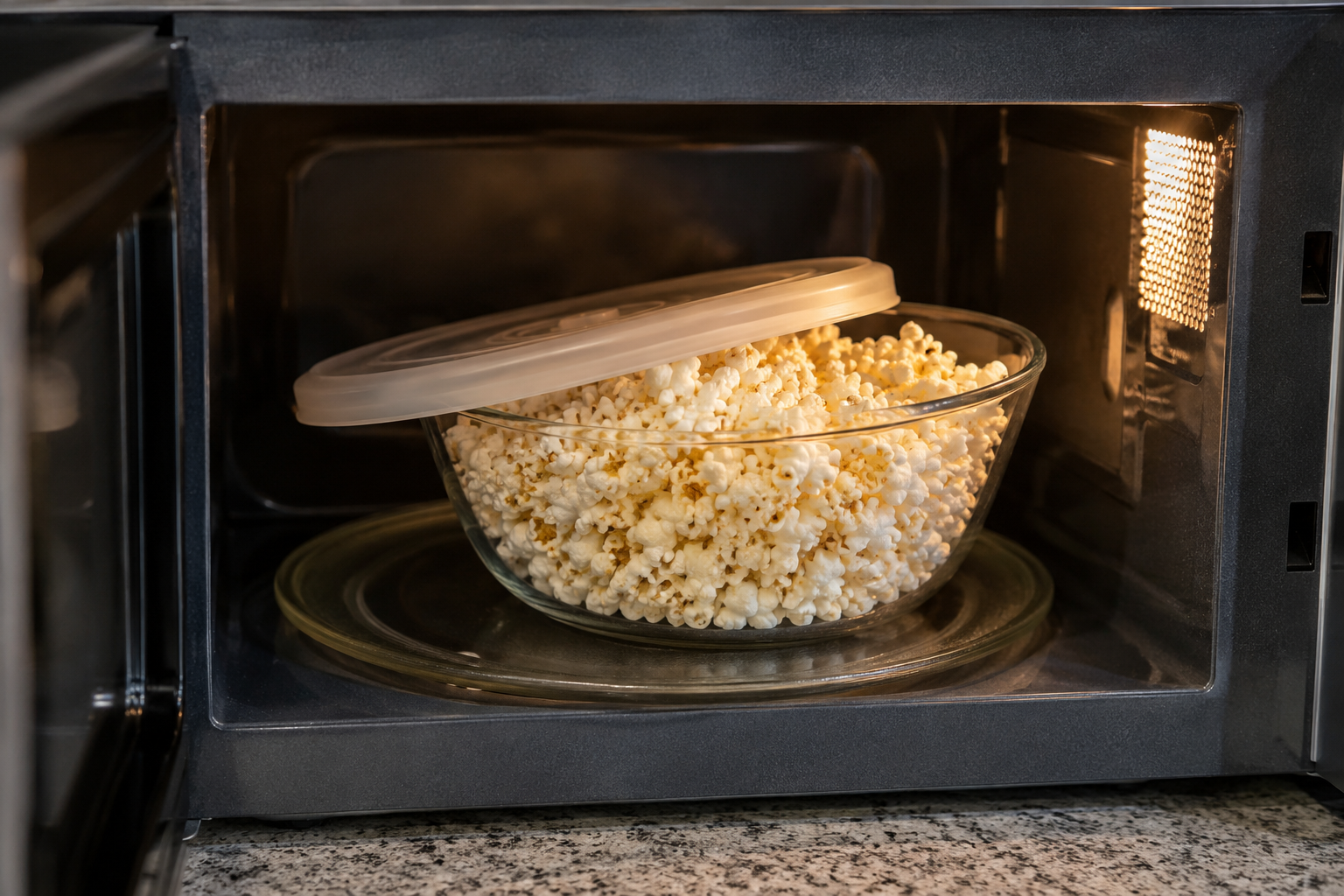 A microwave-safe bowl of popcorn inside a microwave with a loose cover.